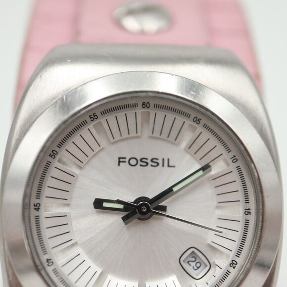 Fossil Womens Watch 29mm Silver Tone Date Dial Pink Leather Band w New Battery - Picture 8 of 14